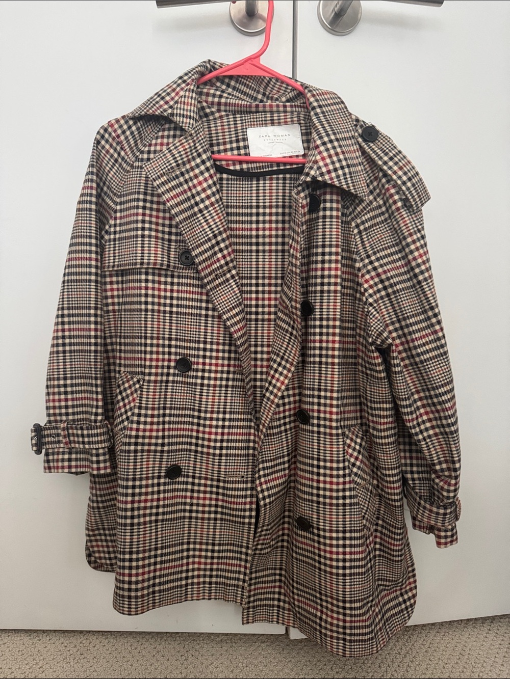Zara Checked Trench Coat in Beige, Black and Red